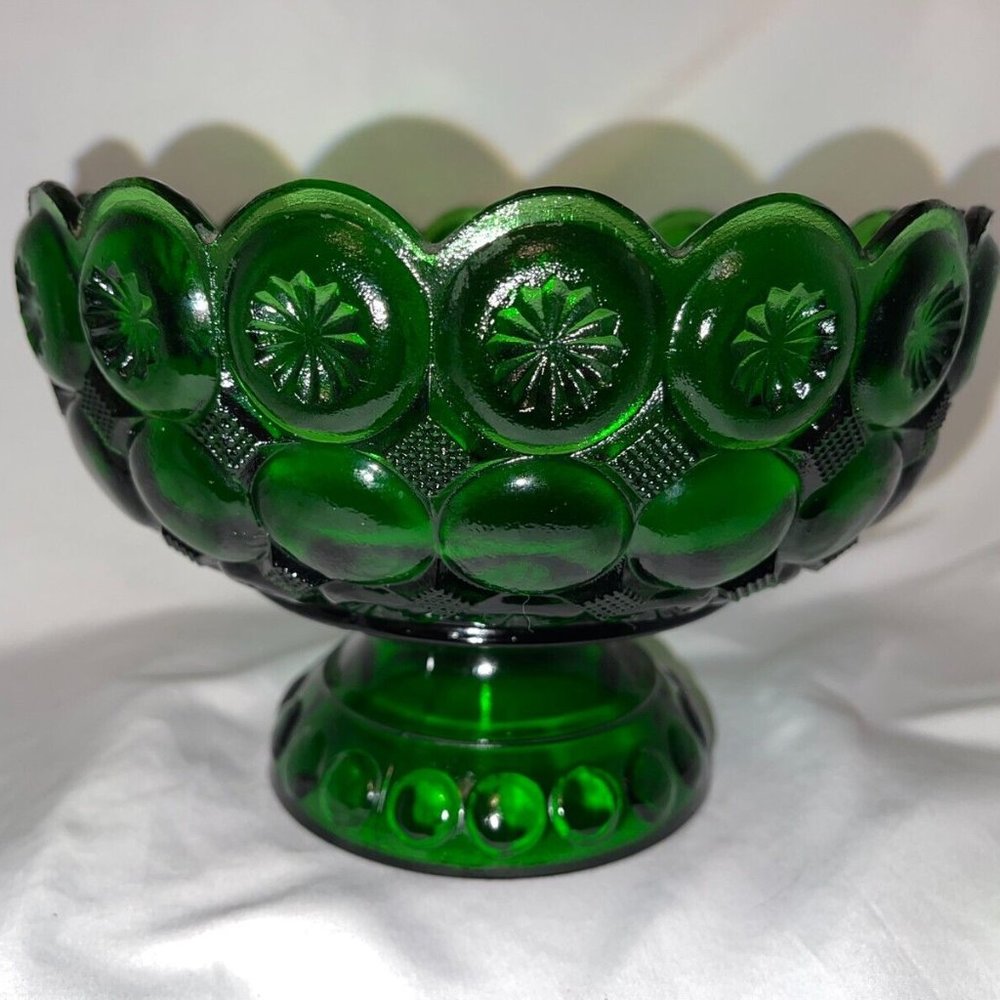Vintage Kemple Glass Co Moon and Stars Pedestal Bowl-Emerald Green-1960's